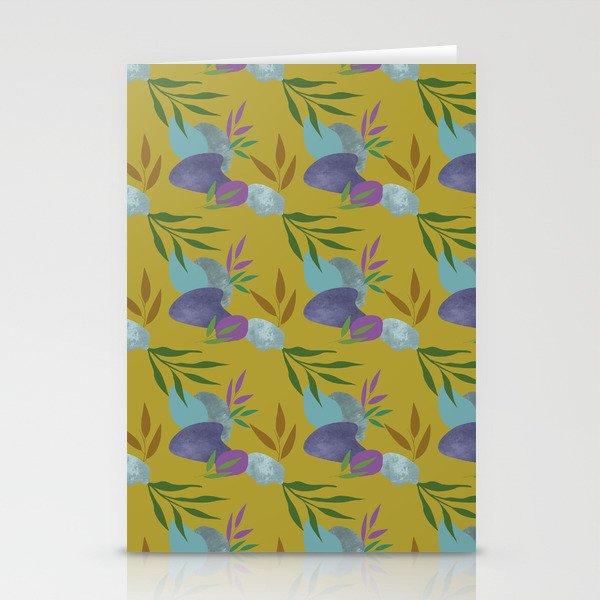 modern colorful leaves and stones on mustard green Stationery Cards