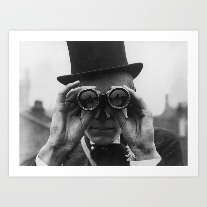 Derby Spectator watching ponies with opera glasses black and white photograph - photography - photographs Art Print