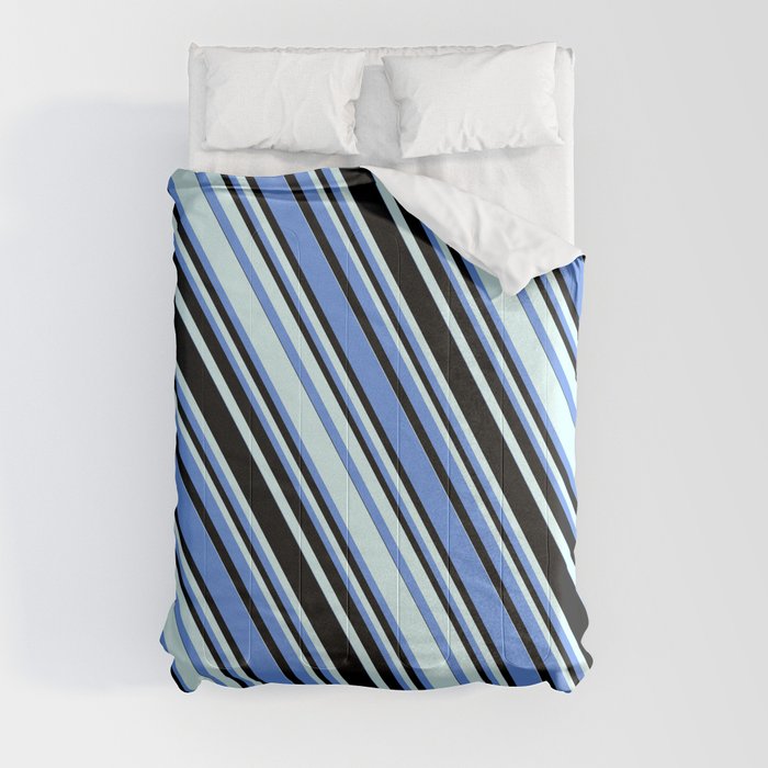 Cornflower Blue, Black, and Light Cyan Colored Striped Pattern Comforter