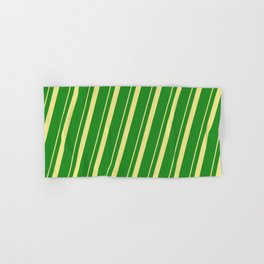 [ Thumbnail: Tan & Forest Green Colored Pattern of Stripes Hand & Bath Towel ]