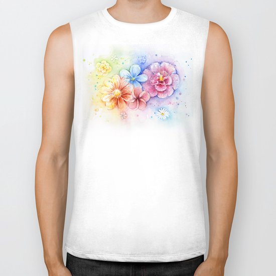 Flowers Rainbow Watercolor Biker Tank