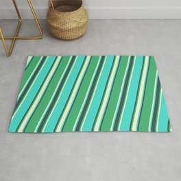[ Thumbnail: Sea Green, Light Yellow, Turquoise, and Dark Slate Gray Colored Striped Pattern Rug ]