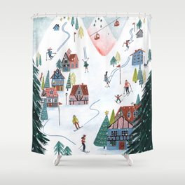 Skiing Winter Village Shower Curtain