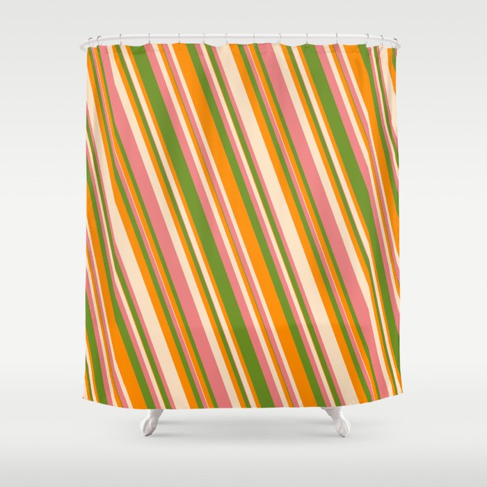 Green, Dark Orange, Bisque, and Light Coral Colored Lines Pattern Shower Curtain
