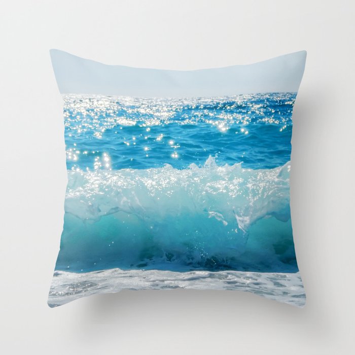 Breaking Wave of Blue Ocean on sandy beach Summer Background Throw Pillow