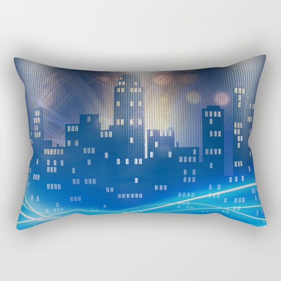 Neon city skyline by night metallic look print Rectangular Pillow