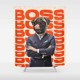 Boss headed by dog head standing with hands crossed. Modern design. Contemporary art. Creative conceptual and colorful collage. Office worker lifestyle concept. Shower Curtain