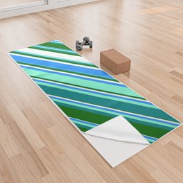 [ Thumbnail: Colorful Blue, Aquamarine, Teal, Dark Green, and Mint Cream Colored Lines/Stripes Pattern Yoga Towel ]