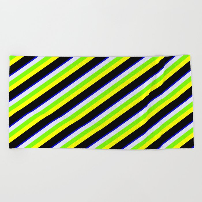 Colorful Blue, Lavender, Green, Yellow, and Black Colored Stripes Pattern Beach Towel
