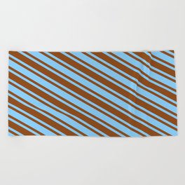 [ Thumbnail: Light Sky Blue & Brown Colored Lined/Striped Pattern Beach Towel ]