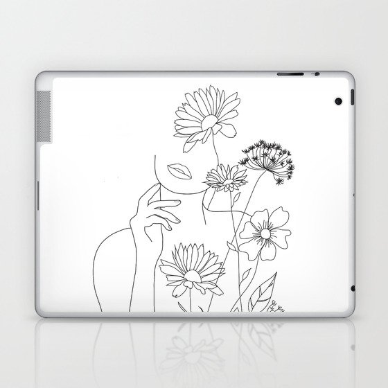 Minimal Line Art Woman with Flowers III Laptop & iPad Skin