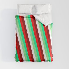 [ Thumbnail: Eyecatching Green, Light Green, White, Dark Red, and Red Colored Striped/Lined Pattern Duvet Cover ]