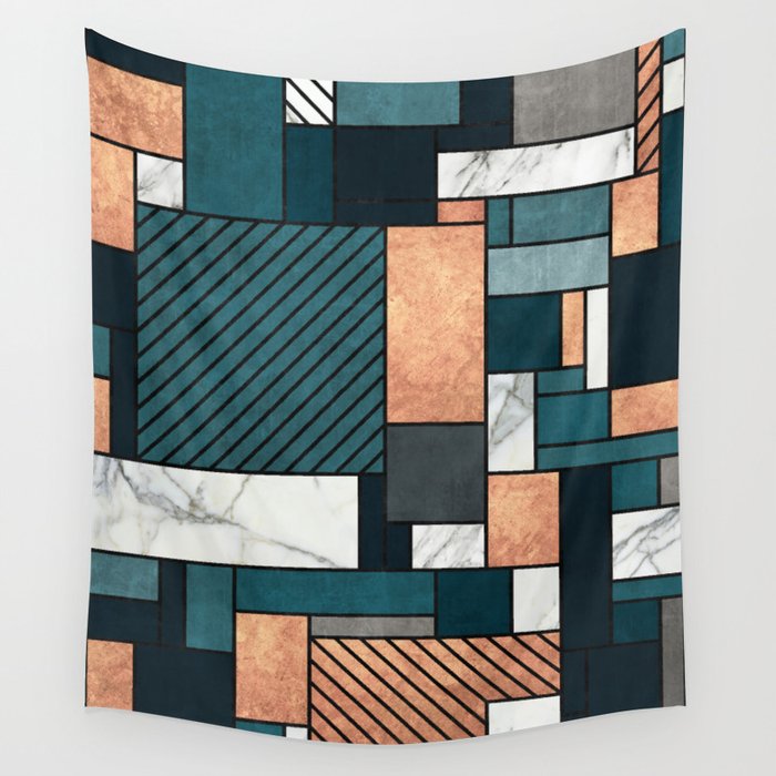 Random Pattern - Copper, Marble, and Blue Concrete Wall Tapestry