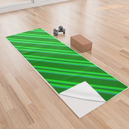 [ Thumbnail: Green, Lime, and Light Sea Green Colored Lined Pattern Yoga Towel ]