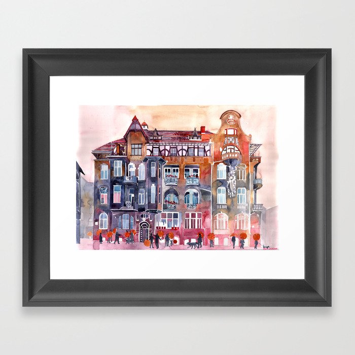 Apartment House in Poznan and orange umbrellas Framed Art Print