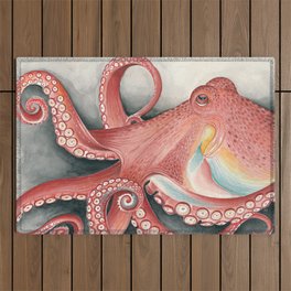 Giant Pacific Red Octopus Watercolor Outdoor Rug