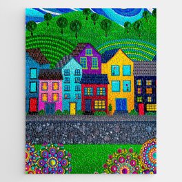 Dot Painting Colorful Village Houses, Hills, and Garden Jigsaw Puzzle