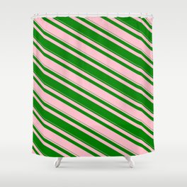 [ Thumbnail: Pink and Green Colored Striped/Lined Pattern Shower Curtain ]