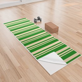 [ Thumbnail: Beige and Green Colored Lined/Striped Pattern Yoga Towel ]