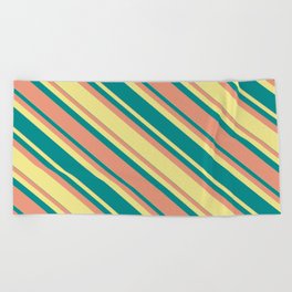 [ Thumbnail: Dark Salmon, Tan & Dark Cyan Colored Lined/Striped Pattern Beach Towel ]