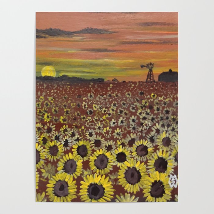 In the sunflower field at sunset Poster