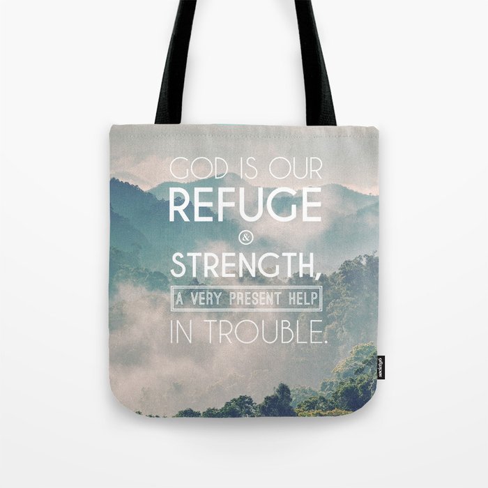 Typography Motivational Christian Bible Verses Poster - Psalm 46:1 Tote Bag