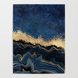 Deep Cerulean + Gold Abstract Shoreline Waves Poster