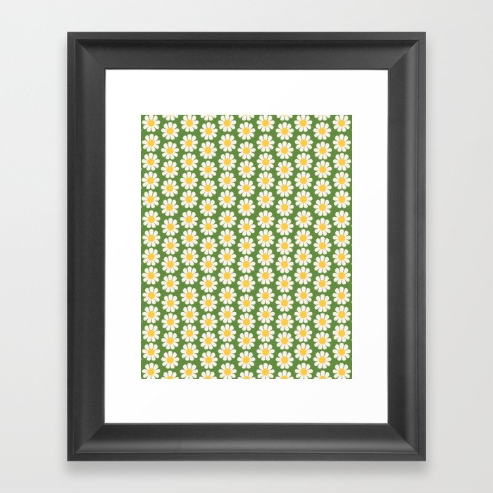 Retro Green Daisy Pattern Framed Art Print