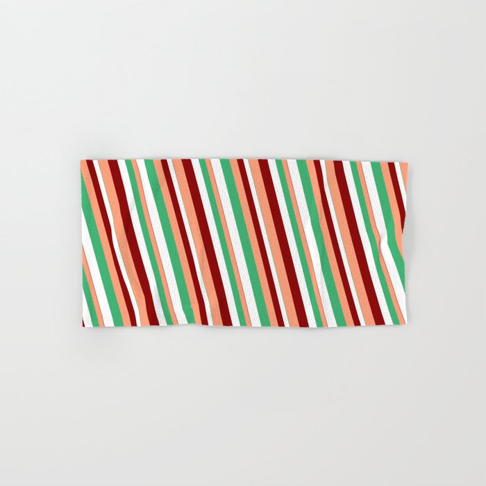 Sea Green, White, Dark Red & Light Salmon Colored Lines/Stripes Pattern Hand & Bath Towel