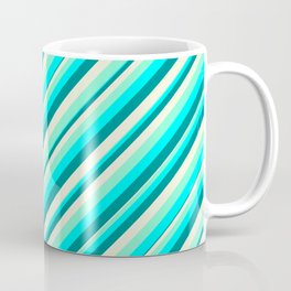 [ Thumbnail: Aquamarine, Cyan, Dark Cyan, and Beige Colored Lined/Striped Pattern Coffee Mug ]