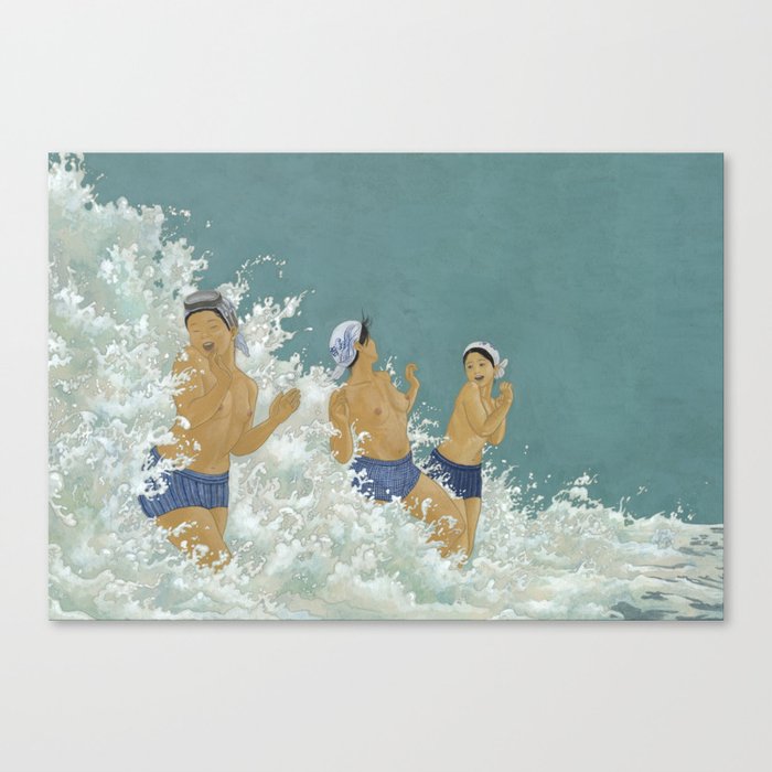 Three Ama Enveloped In A Crashing Wave Canvas Print