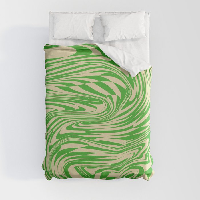 Psychedelic Warped Marble Wavy Checkerboard in Green and Cream Duvet Cover