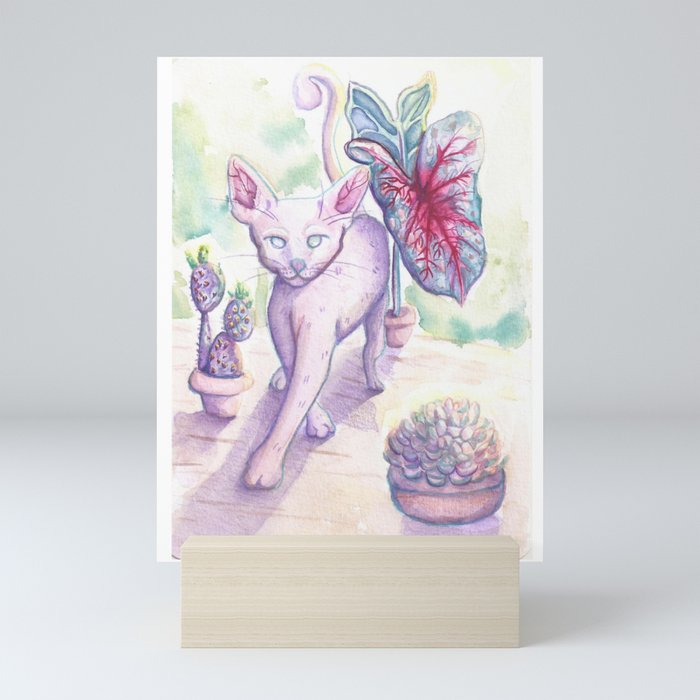 Cat and plants watercolor Mini Art Print