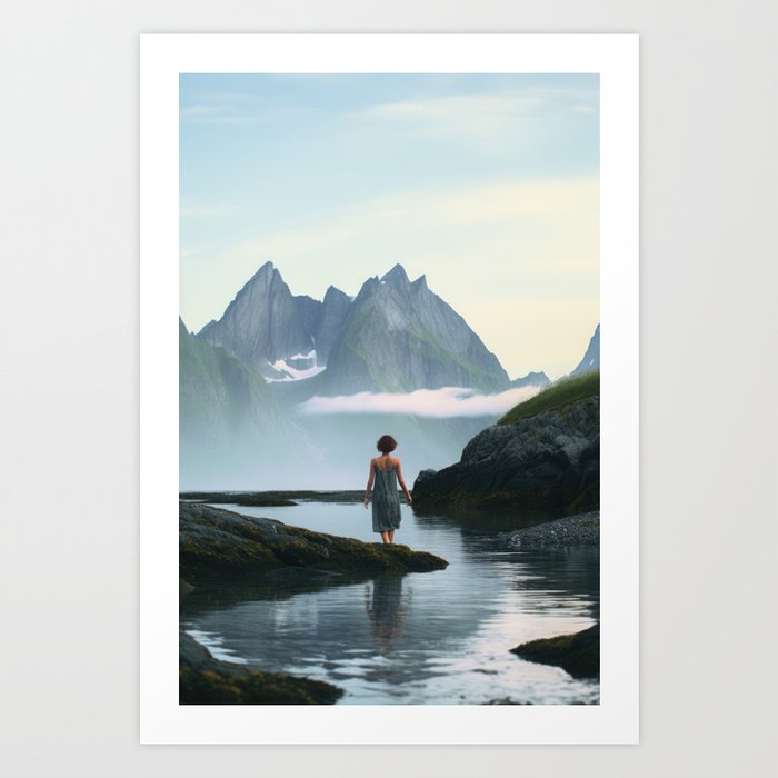 Girl in a Mountain Lake Art Print
