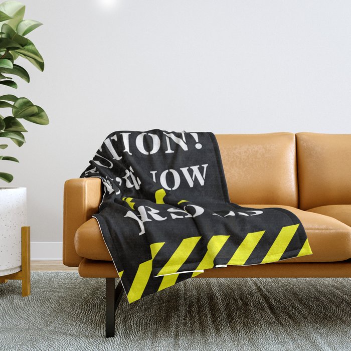 70th Birthday - Warning Stripes and Stencil Style Text Throw Blanket