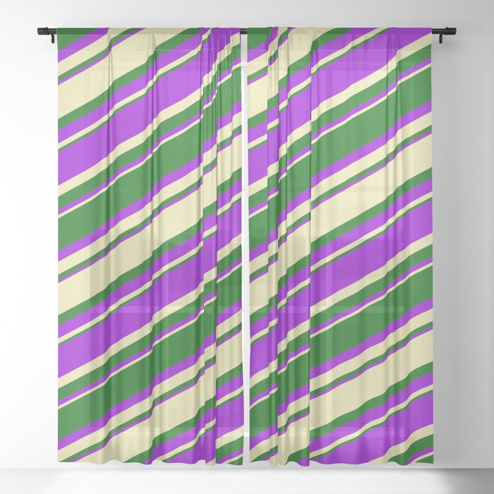 Pale Goldenrod, Dark Green & Dark Violet Colored Lined Pattern Sheer Curtain