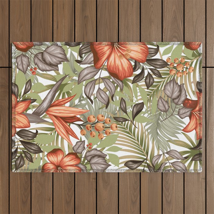 Tropical Jungle, Hibiscus and Palm, Retro Floral Prints Outdoor Rug