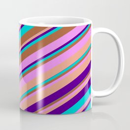 [ Thumbnail: Eye-catching Sienna, Violet, Dark Salmon, Indigo, and Dark Turquoise Colored Lined Pattern Coffee Mug ]