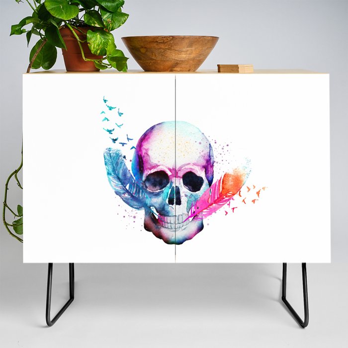 Colorful vibrant skull with feathers Credenza