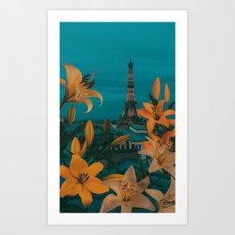 Lilies in bloom against the background of evening Paris. Art Print