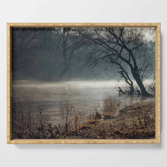 Morning fog, river and sunrise Serving Tray