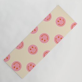 70s Retro Smiley Face Pattern in Beige & Pink Yoga Mat