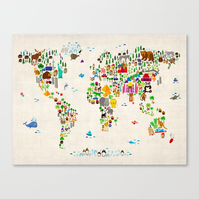 Animal Map of the World for children and kids Canvas Print