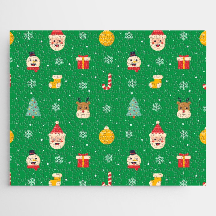 Christmas Characters Seamless Pattern on Green Background Jigsaw Puzzle