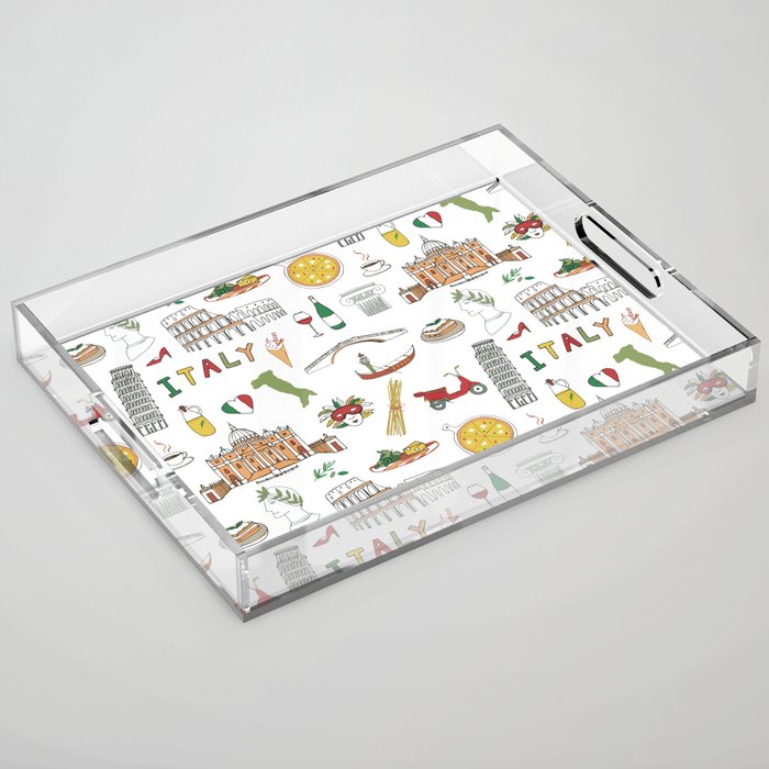 Italy travel doodle pattern with national italian food and sights.  Acrylic Tray