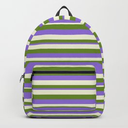 [ Thumbnail: Green, Purple, and Beige Colored Lines Pattern Backpack ]