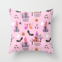 Pink Halloween pastel spooky party Throw Pillow