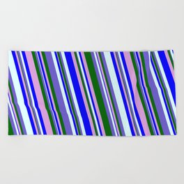 [ Thumbnail: Colorful Plum, Blue, Light Cyan, Slate Blue & Dark Green Colored Striped/Lined Pattern Beach Towel ]