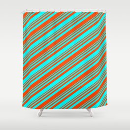 [ Thumbnail: Red & Cyan Colored Lined/Striped Pattern Shower Curtain ]