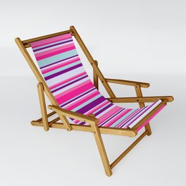[ Thumbnail: Colorful Hot Pink, Deep Pink, Powder Blue, Purple, and Lavender Colored Lined Pattern Sling Chair ]